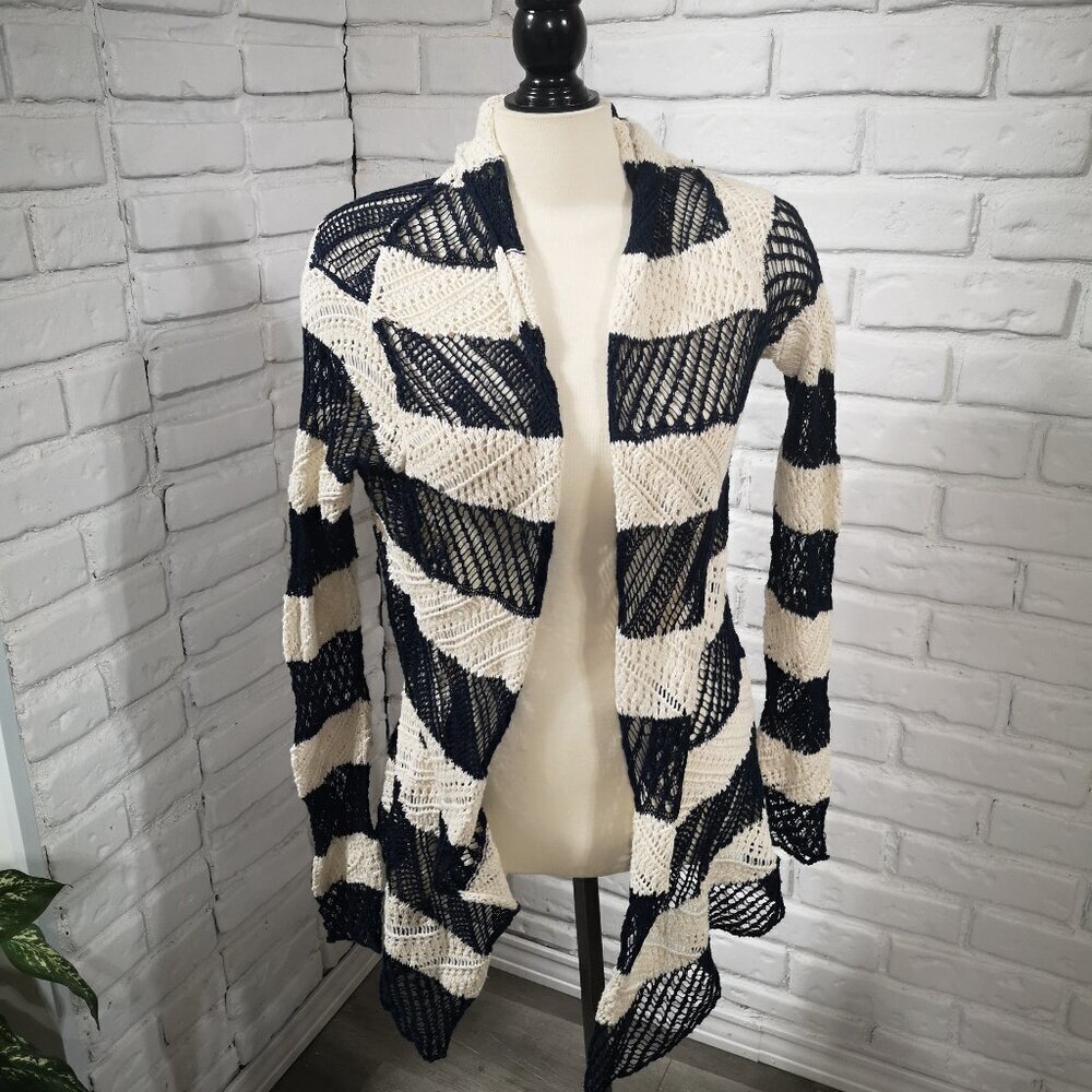 LRL Lauren Jeans Co. Ralph Lauren Ladies Size Small Navy & Beige Open Cardigan